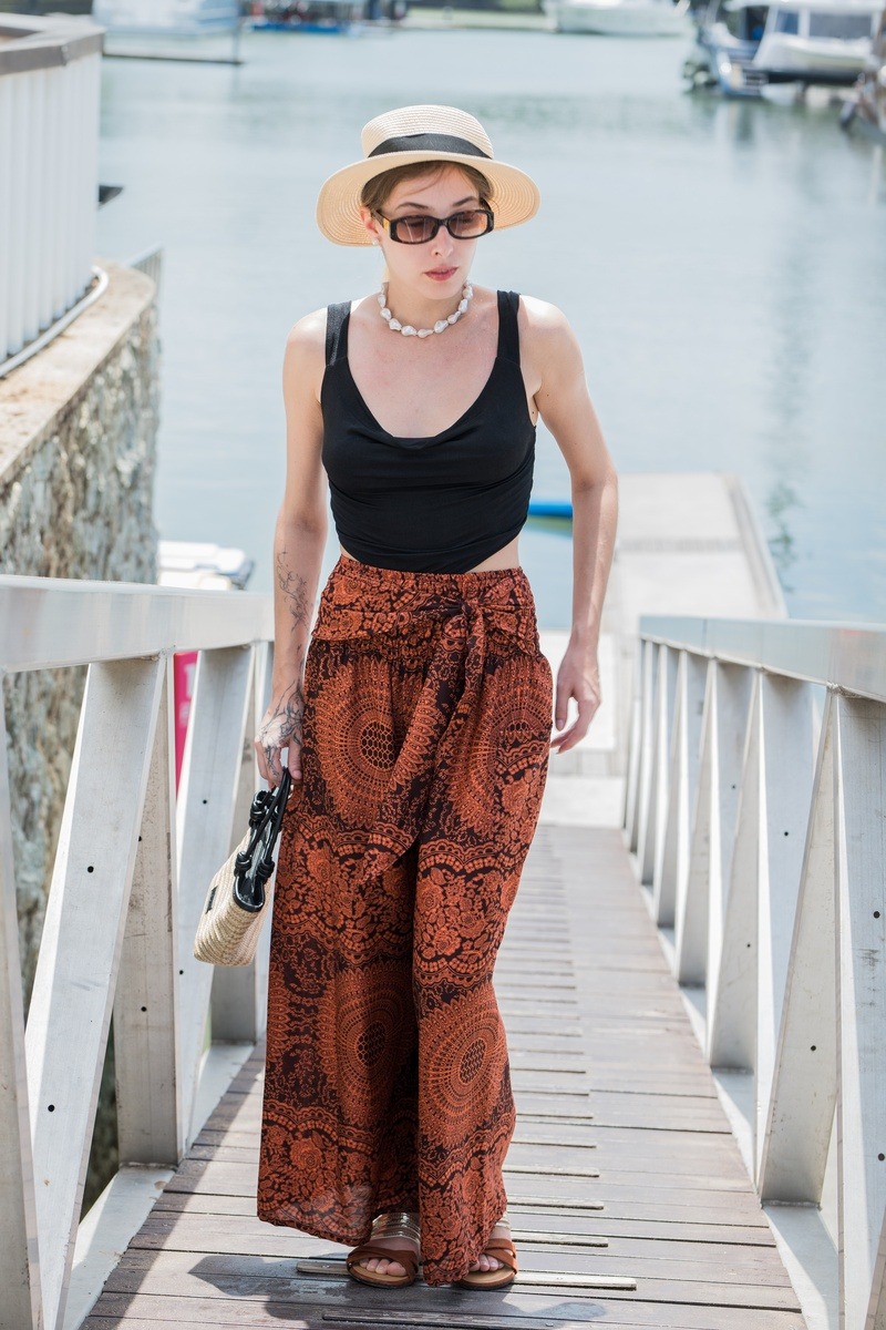 Pants worn beside a marina